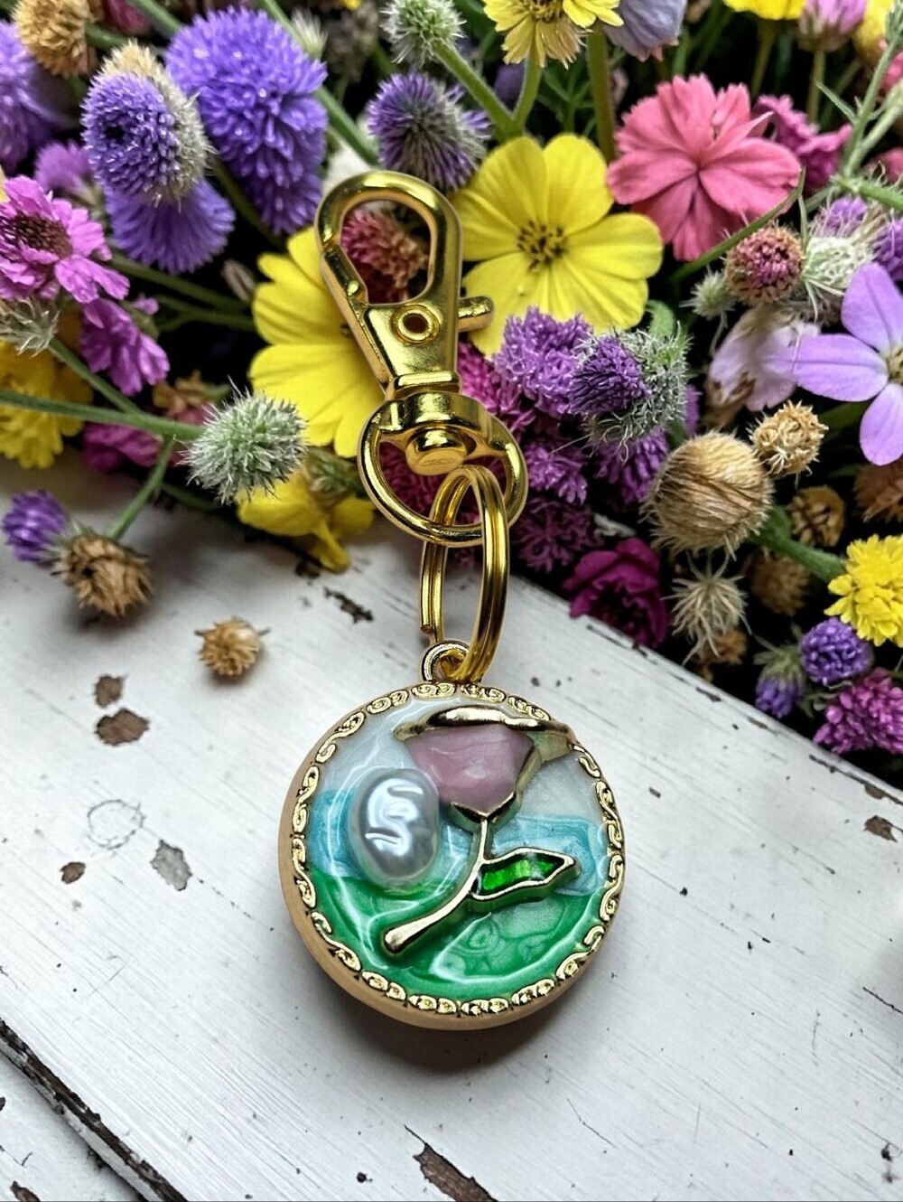 Gold-Plated Pastel Rose Keychain Charm